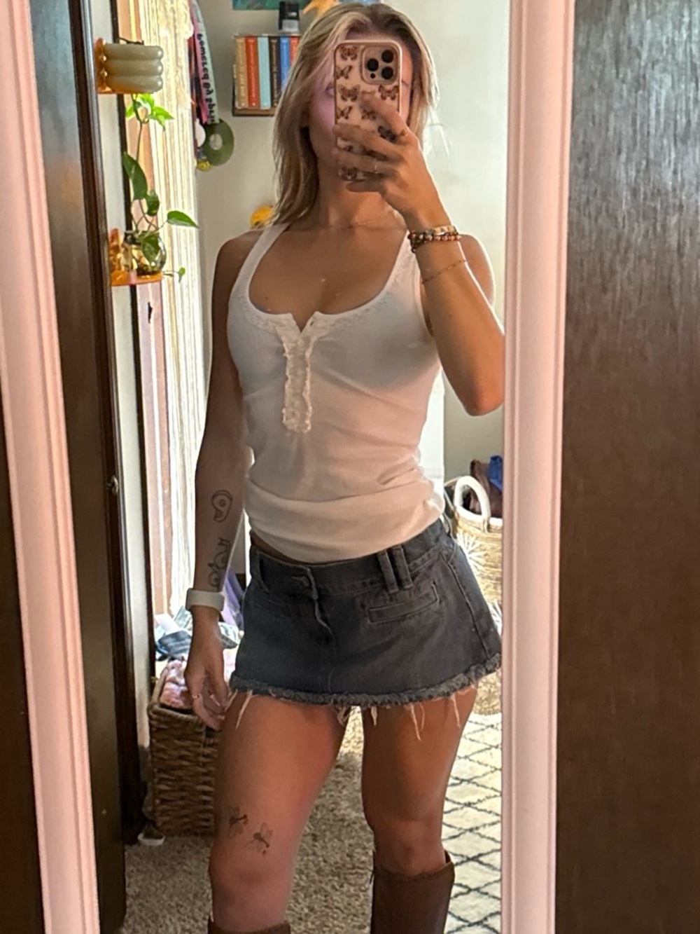 White Old Navy Lace-Trim Henley Tank Top